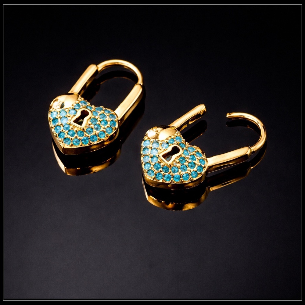 Gold Heart Padlock Earrings with Turquoise Crystals - Women Jewelry